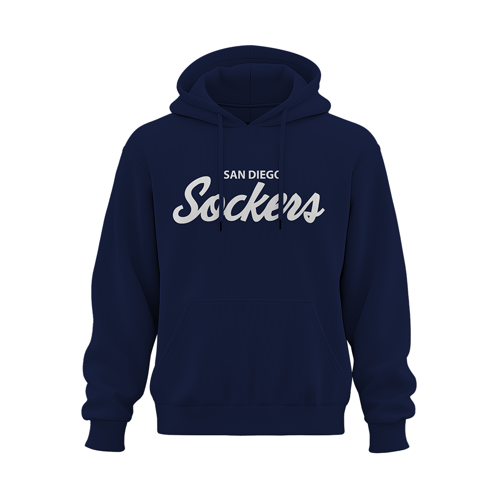 SD SOCKERS YOUTH SCRIPT COTTON-BLEND PREMIUM HOODIE WITH OPTIONAL PLAYER # ON SLEEVE (NAVY)