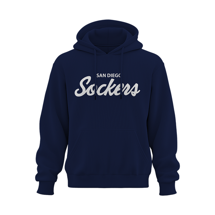 SD SOCKERS YOUTH SCRIPT COTTON-BLEND PREMIUM HOODIE WITH OPTIONAL PLAYER # ON SLEEVE (NAVY)